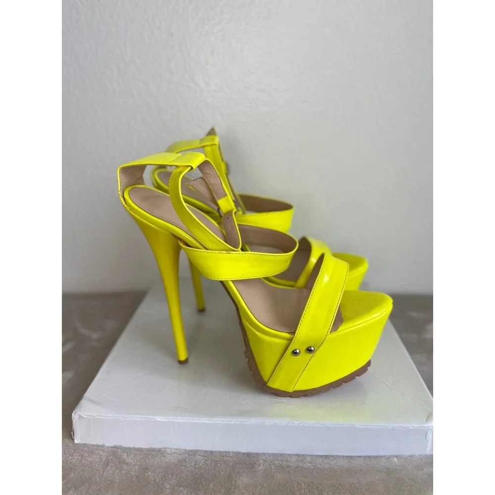 Neon Yellow Patent Platform Sandals Triple Strap Stiletto Lug Sole Heels Size 41